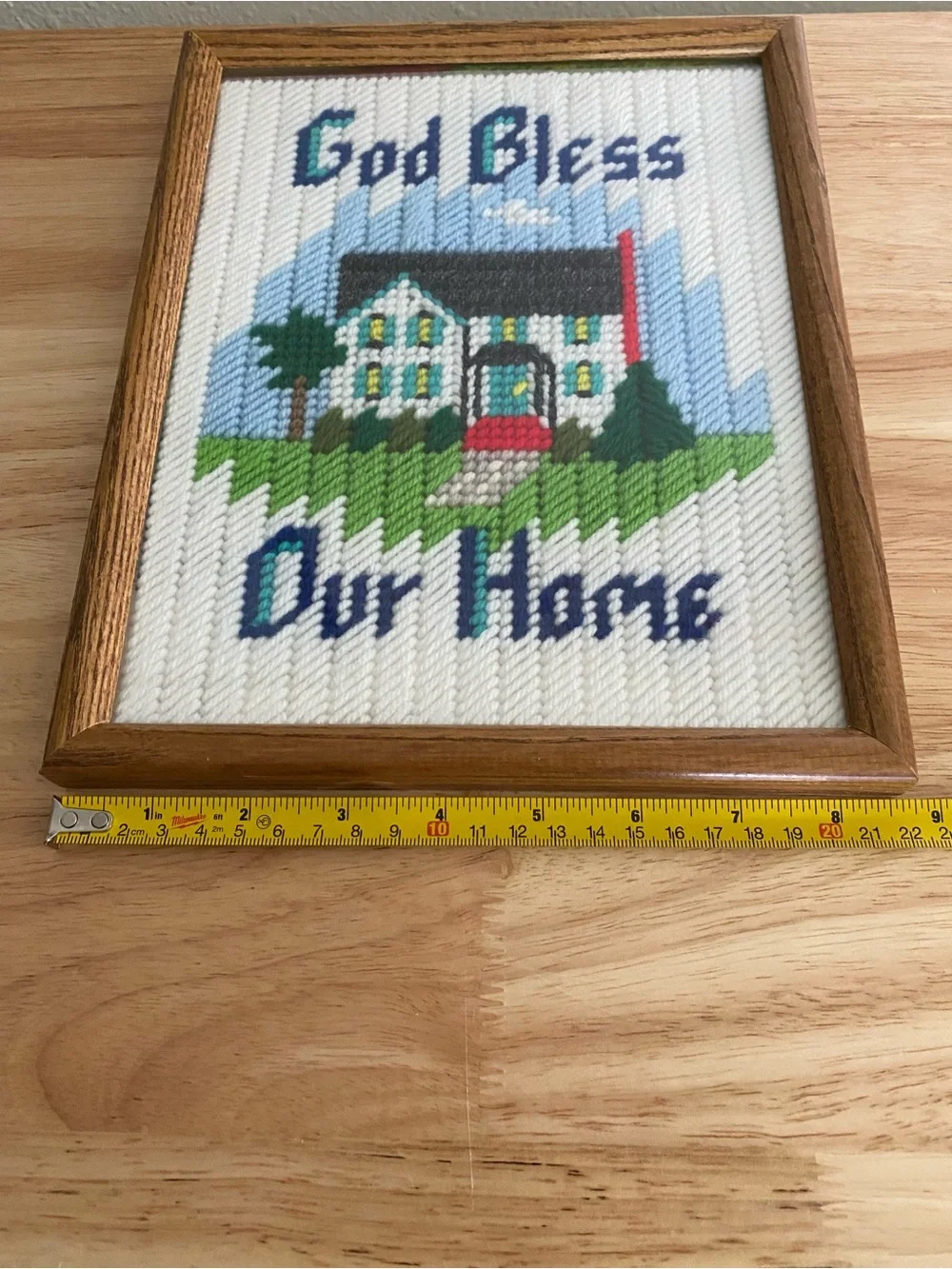 Vintage Framed Cross Stitch Embroidery God Bless Our Home Grannycore Wall Art